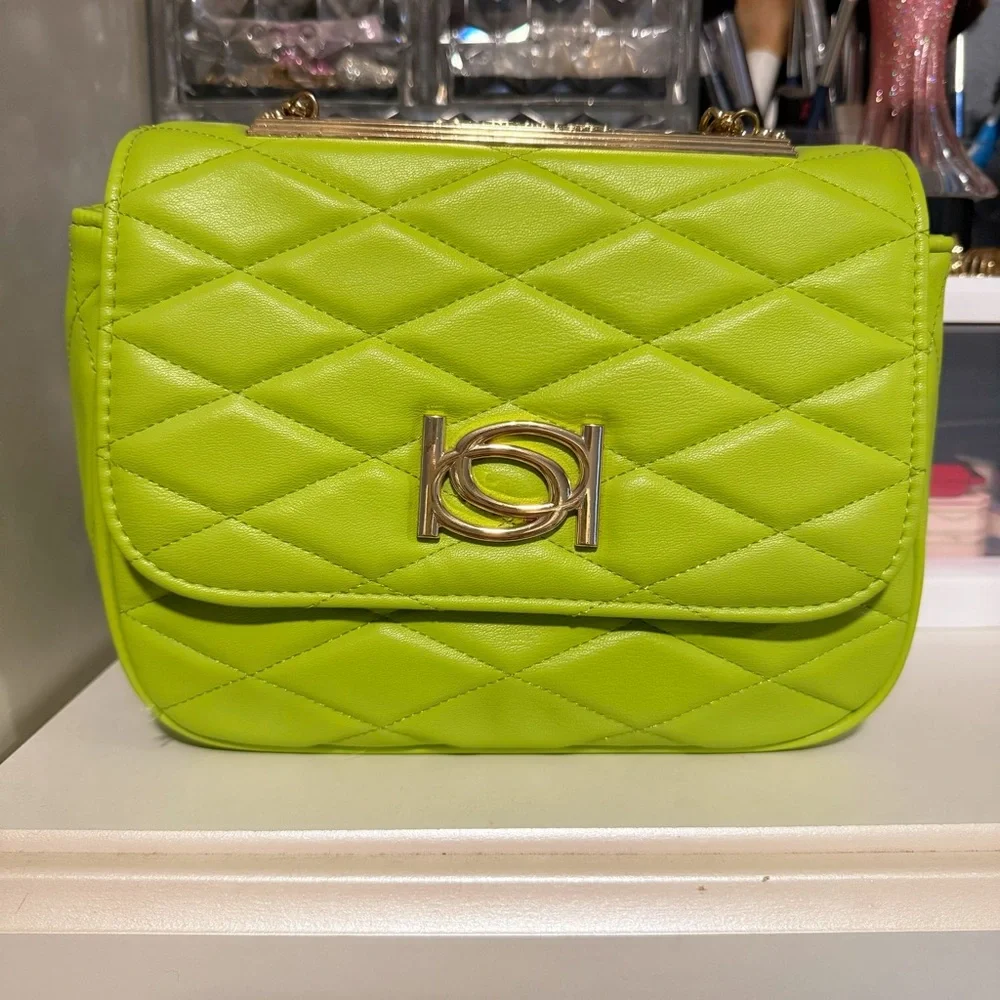 Bebe Lime Green Quilted Chain Shoulder Bag